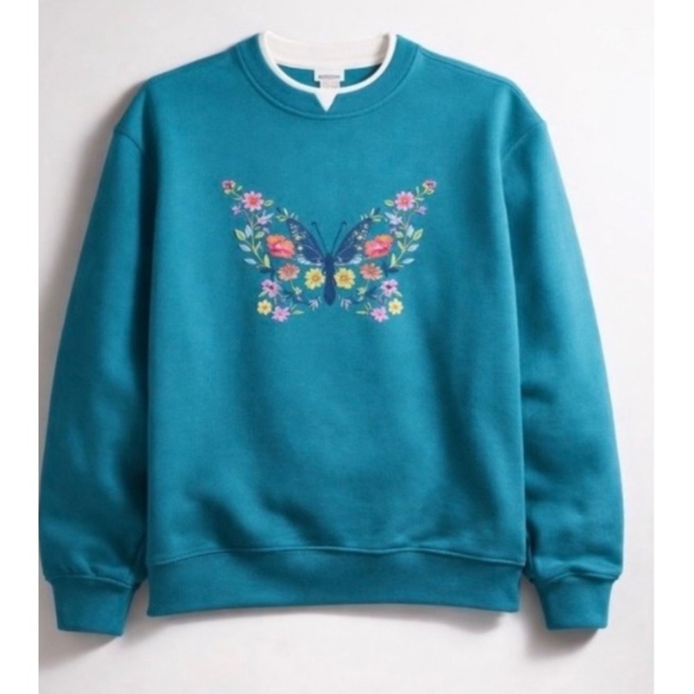 Vintage Style Butterfly Embroidered Teal Sweatshirt Fairycore Indie Retro Y2K-M